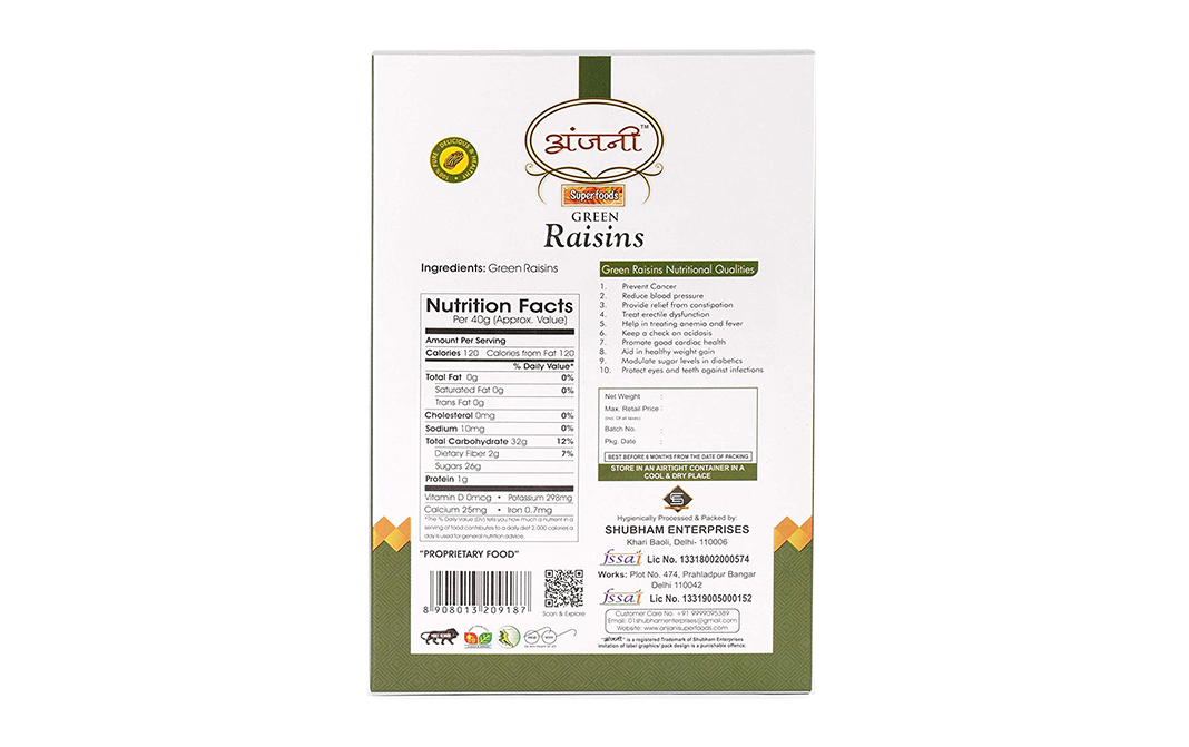 Anjani Superfoods Green Raisins    Box  100 grams